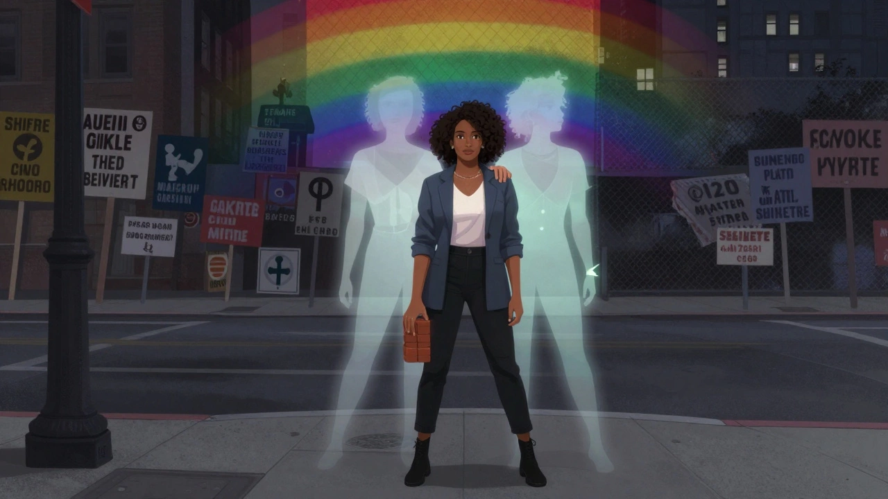 A modern trans woman holds a brick as the ghosts of Marsha and Sylvia stand behind her in silent solidarity.