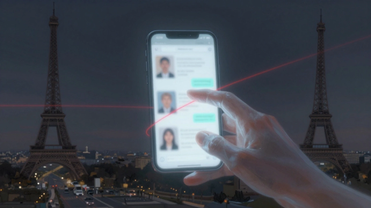 Translucent hand reaching toward a smartphone with blurred profiles and encrypted messages, symbolizing digital connection and risk.