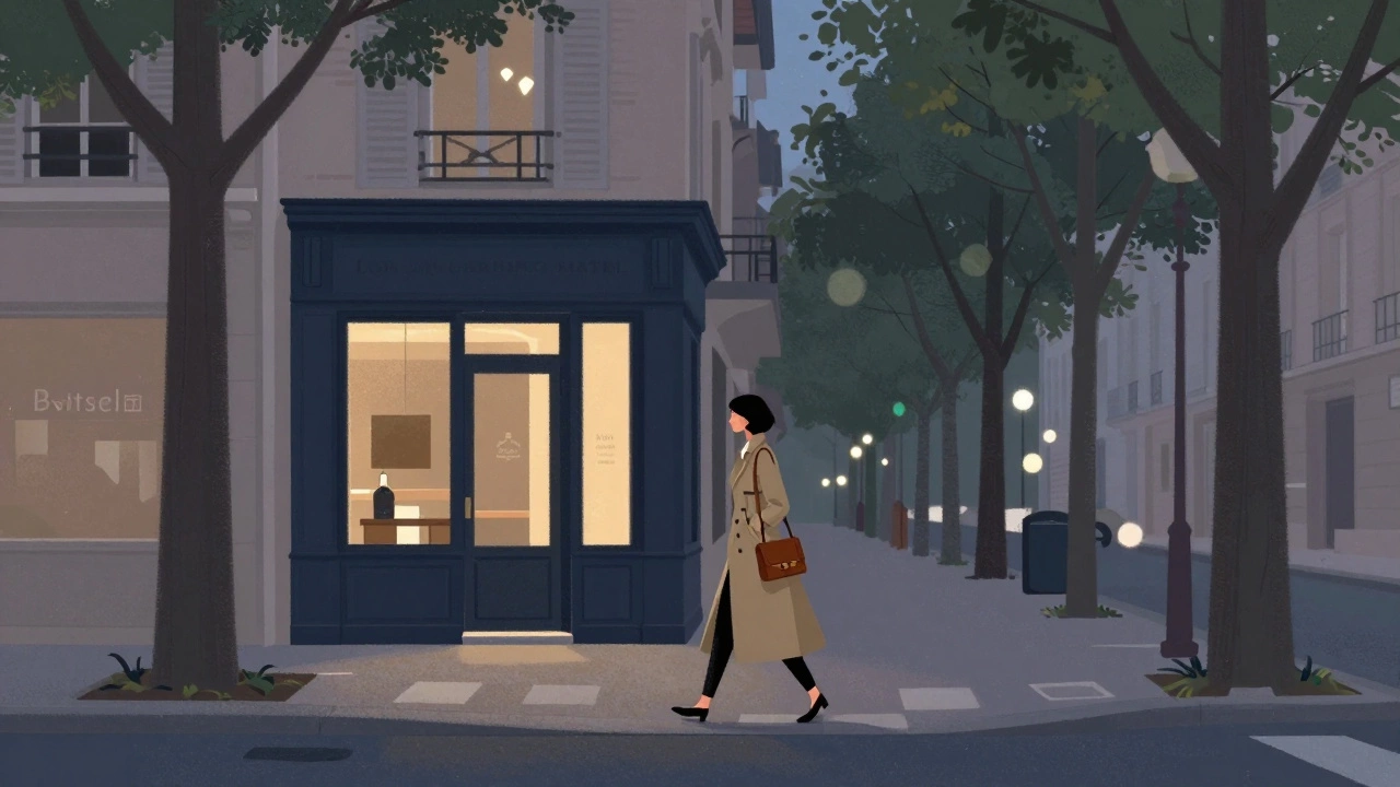 Woman walking down a peaceful Paris street at twilight near a boutique hotel, evoking discretion and safety.